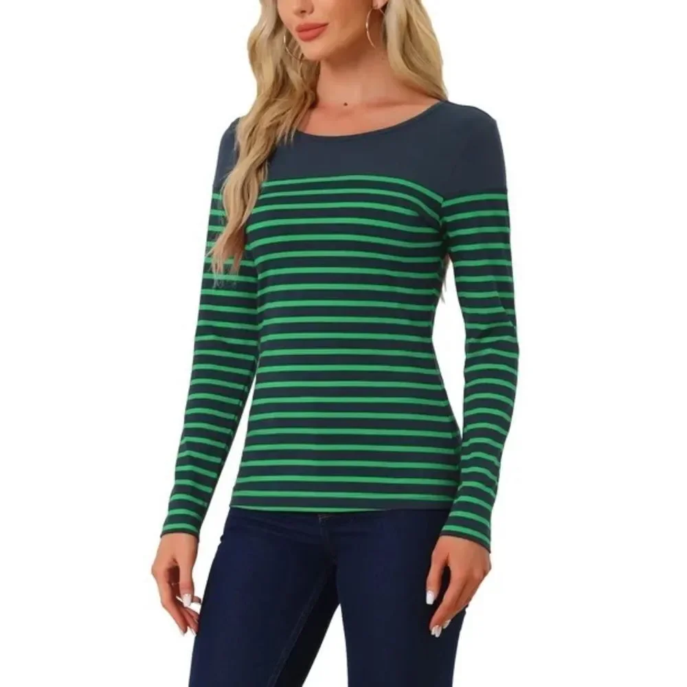 J. Crew Navy and Green Striped Long-Sleeve Tee